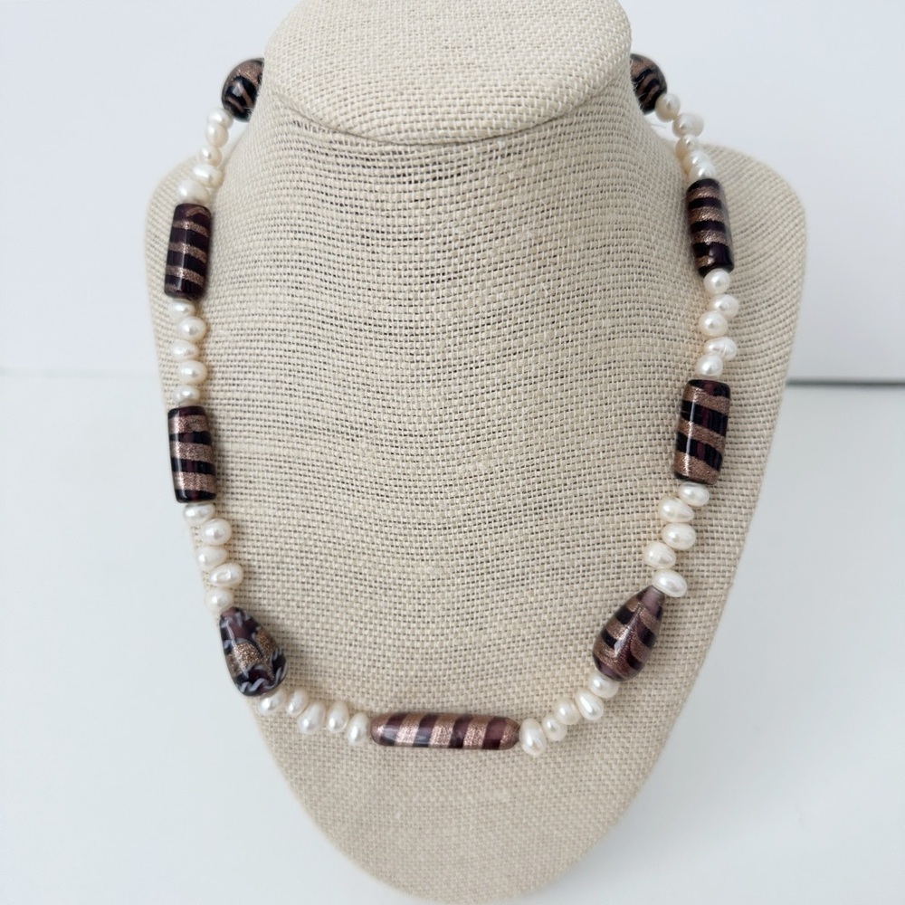 NWT Genuine Murano Glass & Pearls Necklace Purple White Gold Bead Beaded